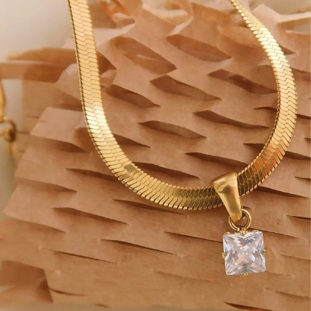 #NEW 18K Gold Plated 2CT Princess Cut Diamond Flat Herringbone Necklace